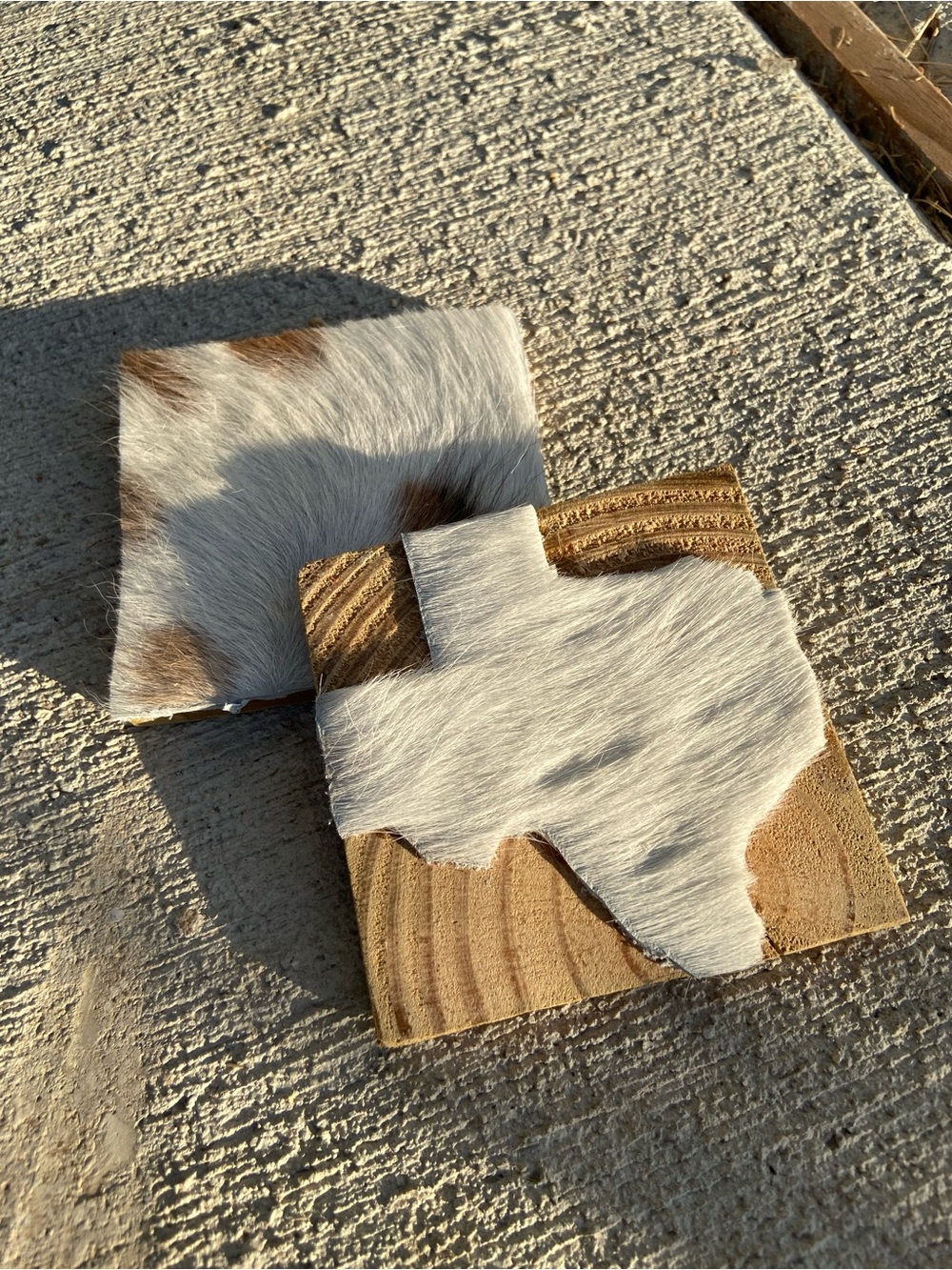 Cowhide Texas Coaster Set - White & Brown Cowhide on Wood